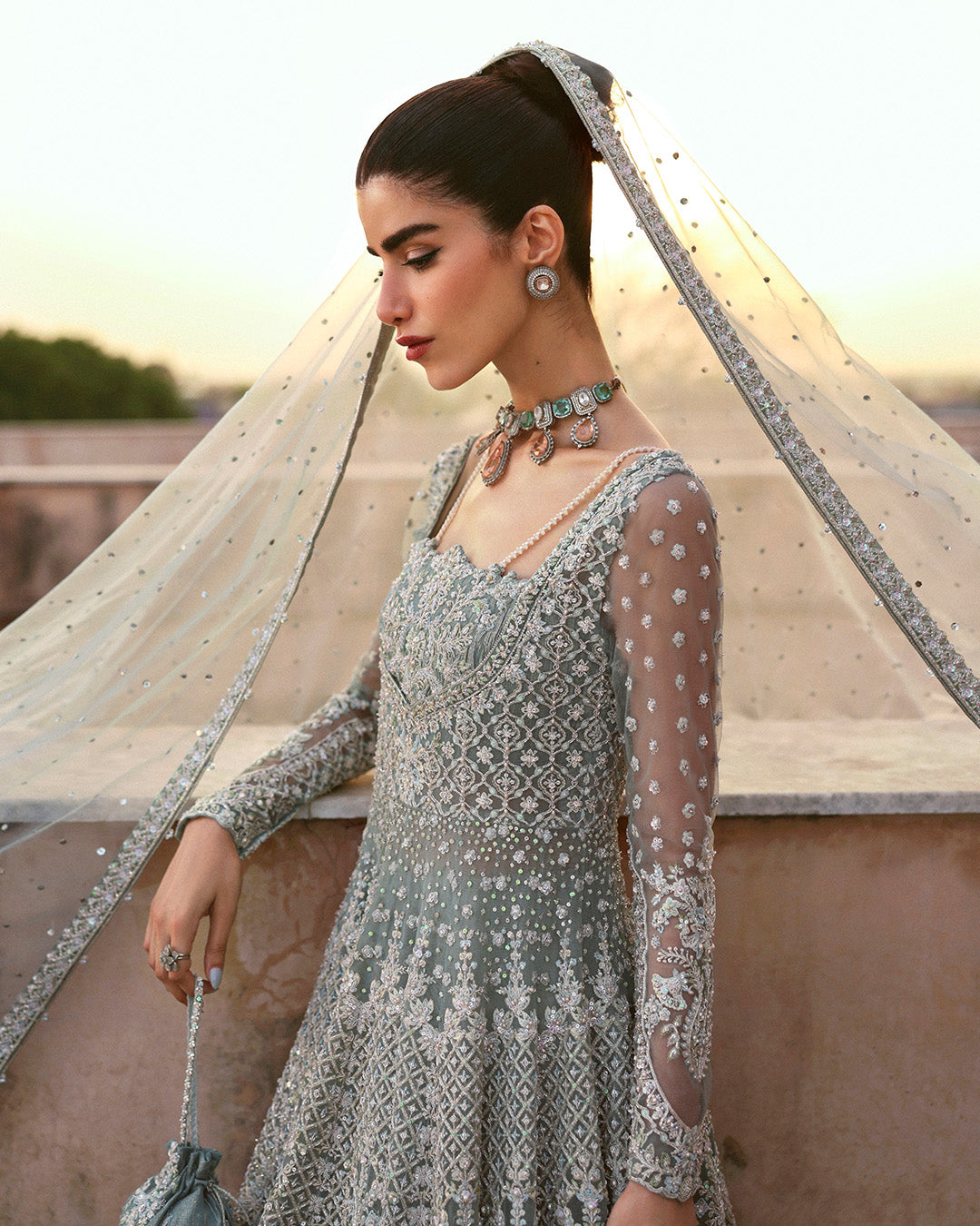 Model Wearing Faiza Saqlain Dorien Mint Blue Pishwas with Lehnga for wedding wear - Pakistani Designer Wear for Women in UK | Kifat