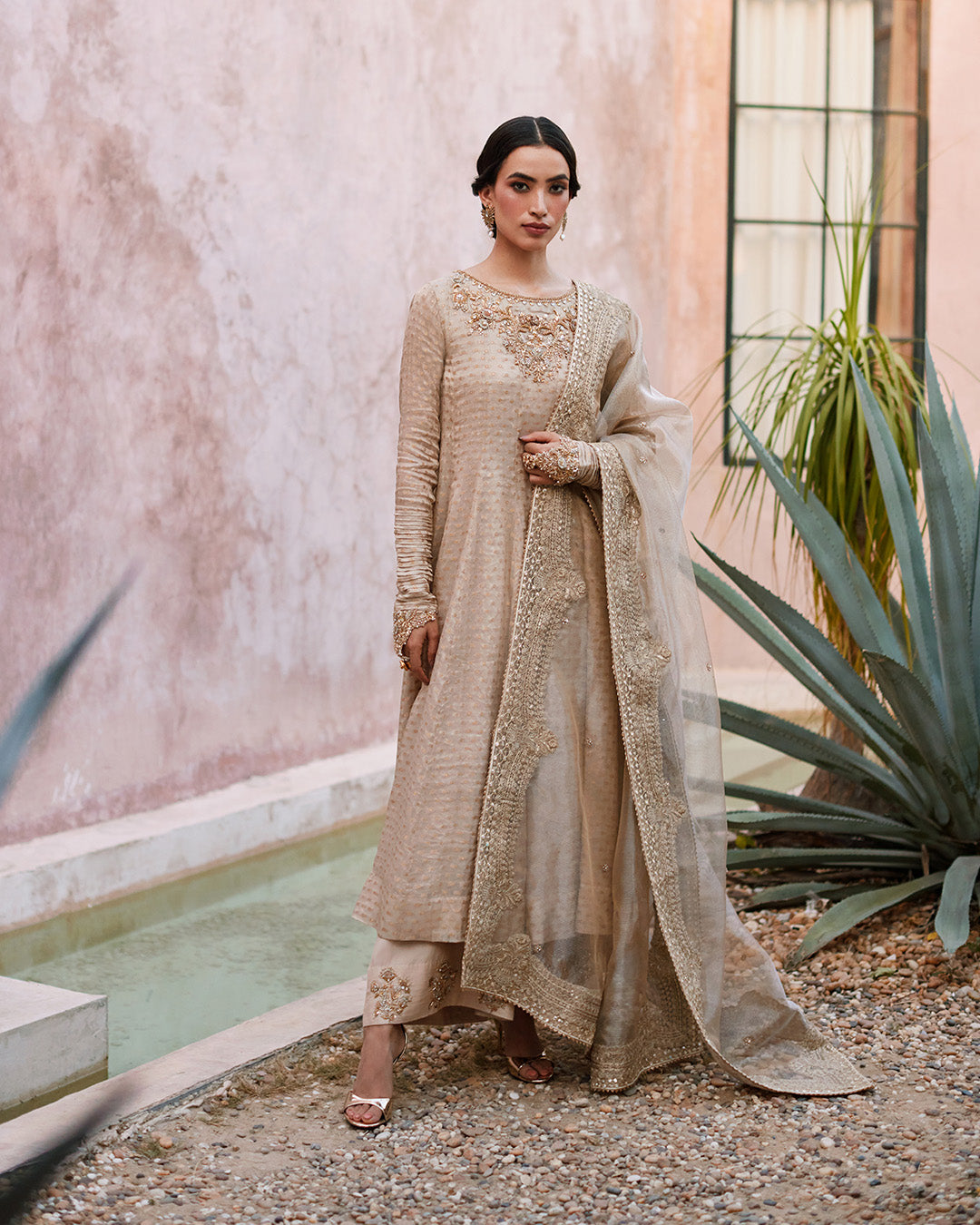 Model Wearing Faiza Saqlain Moira Ivory Gold Shirt with Culottes for wedding wear - Pakistani Designer Wear for Women in UK | Kifat