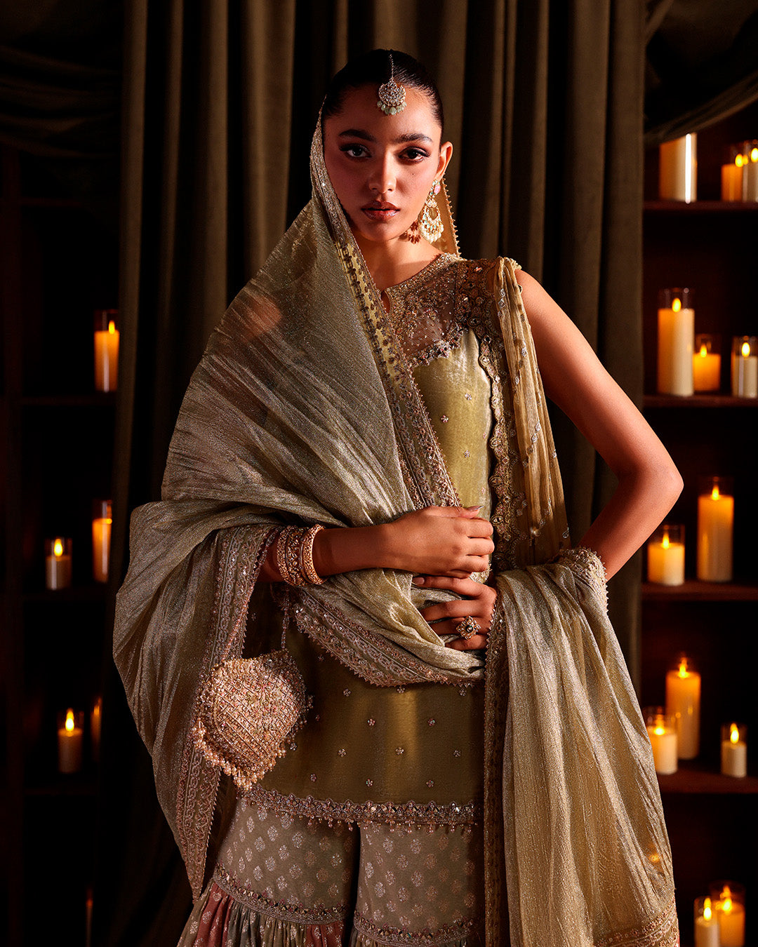 Model Wearing Faiza Saqlain Zerra Muted Olive Green Shirt with Gharara for wedding wear - Pakistani Designer Wear for Women in UK | Kifat