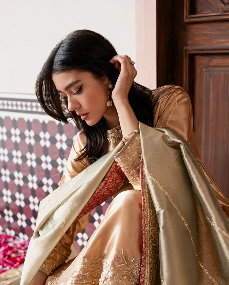 Women Wearing Parisa Peach Gold Long Shirt for Formal Events - Pakistani Designer Wear for Women in UK | Kifat