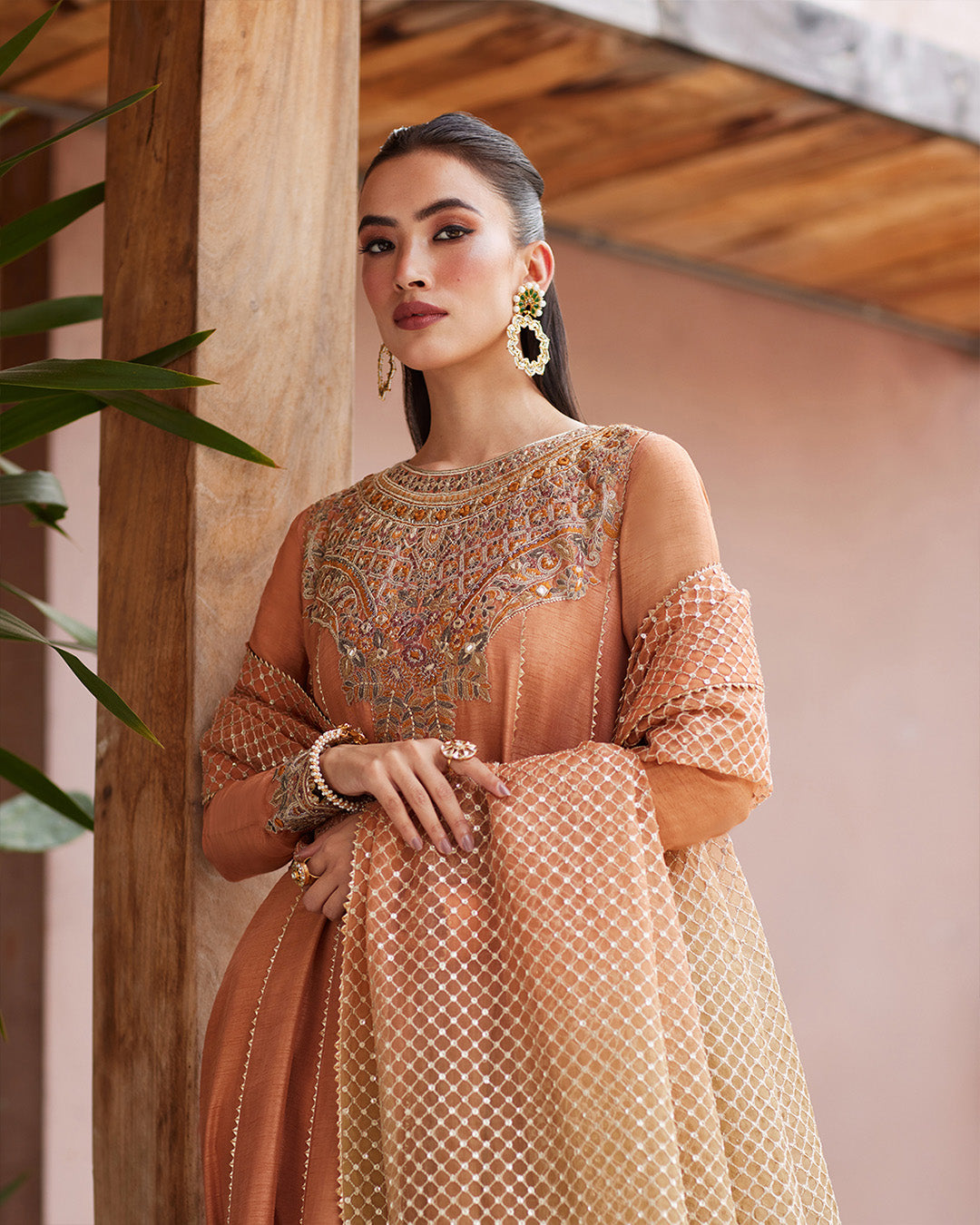 Model Wearing Faiza Saqlain Dalisay Rust Shirt with Gharara for wedding wear - Pakistani Designer Wear for Women in UK | Kifat