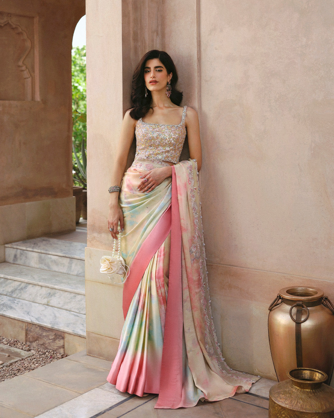Model Wearing Faiza Saqlain Kalara Multi Tie-and-Dye Saree for wedding wear - Pakistani Designer Wear for Women in UK | Kifat