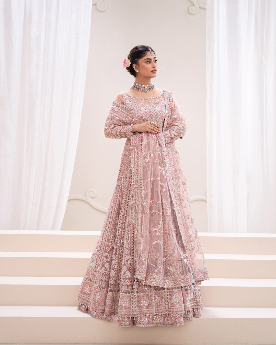 Model Wearing Faiza Saqlain Leyan Dusty Pink Shirt with Lehnga for wedding wear - Pakistani Designer Wear for Women in UK | Kifat