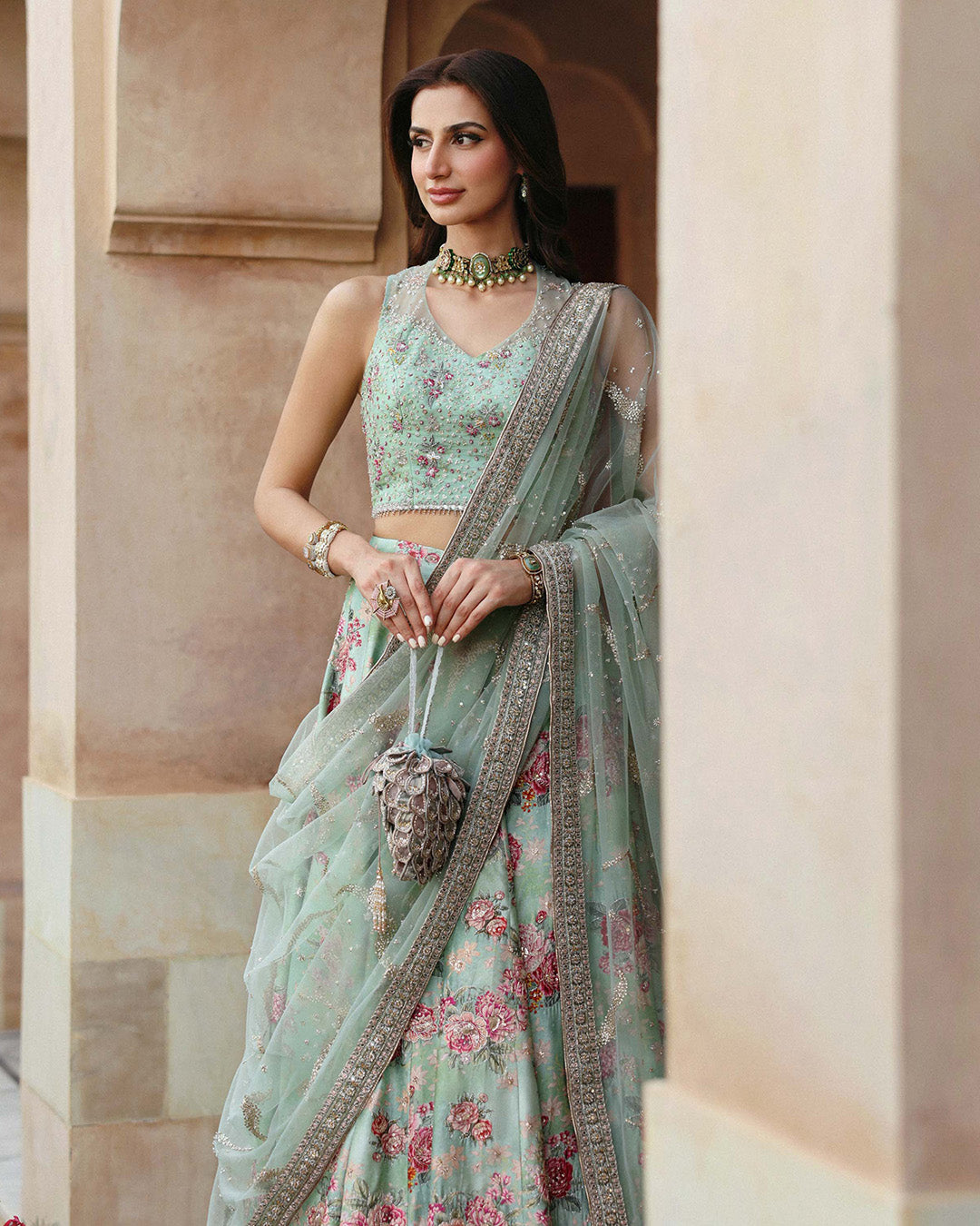 Model Wearing Faiza Saqlain Rosabelle Sea Green Lehnga Choli for wedding wear - Pakistani Designer Wear for Women in UK | Kifat