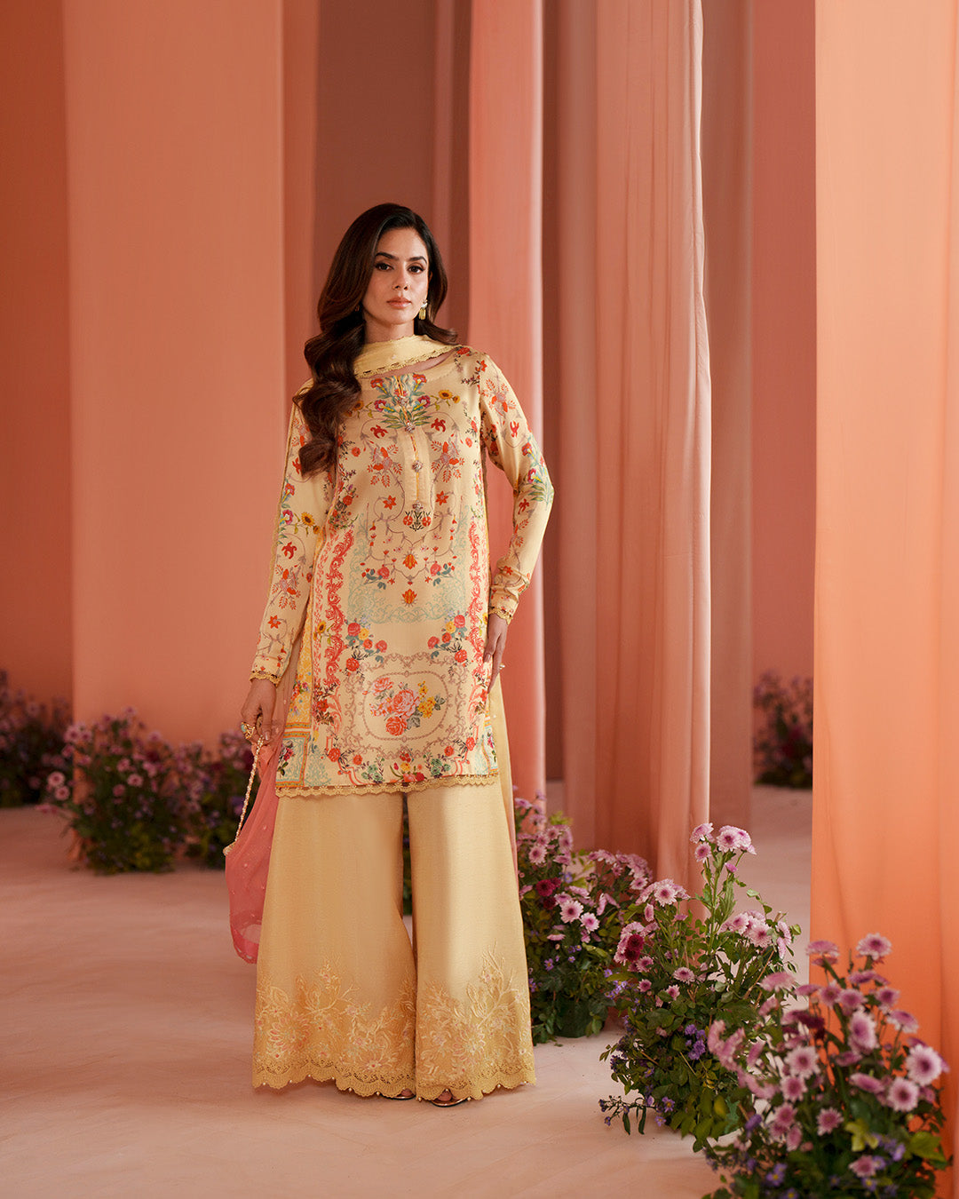 Women Wearing Resal Yellow Shirt with Flared Pants for Luxury Events - Pakistani Designer Wear for Women in UK | Kifat