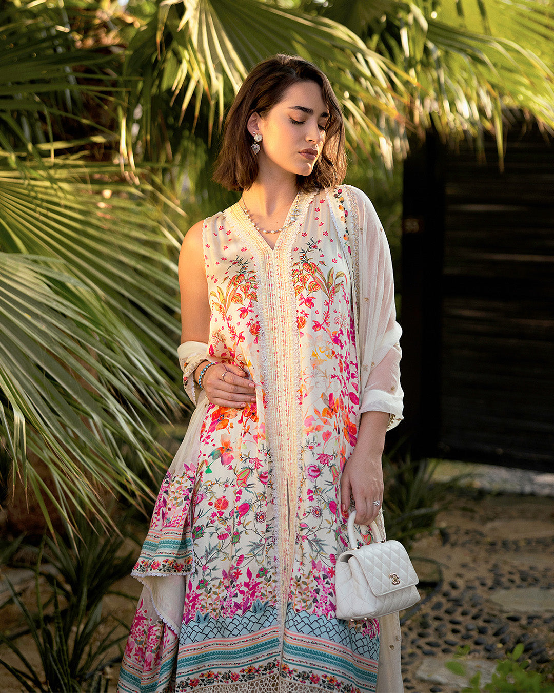 Model Wearing Faiza Saqlain Beldene Off-White Shirt with Sharara for Ladies wear - Pakistani Designer Wear for Women in UK | Kifat