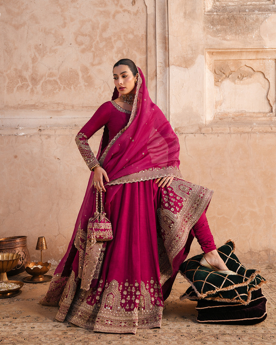 Model Wearing Faiza Saqlain Cassia Vivid Burgundy Pishwas with Churidar for wedding wear - Pakistani Designer Wear for Women in UK | Kifat