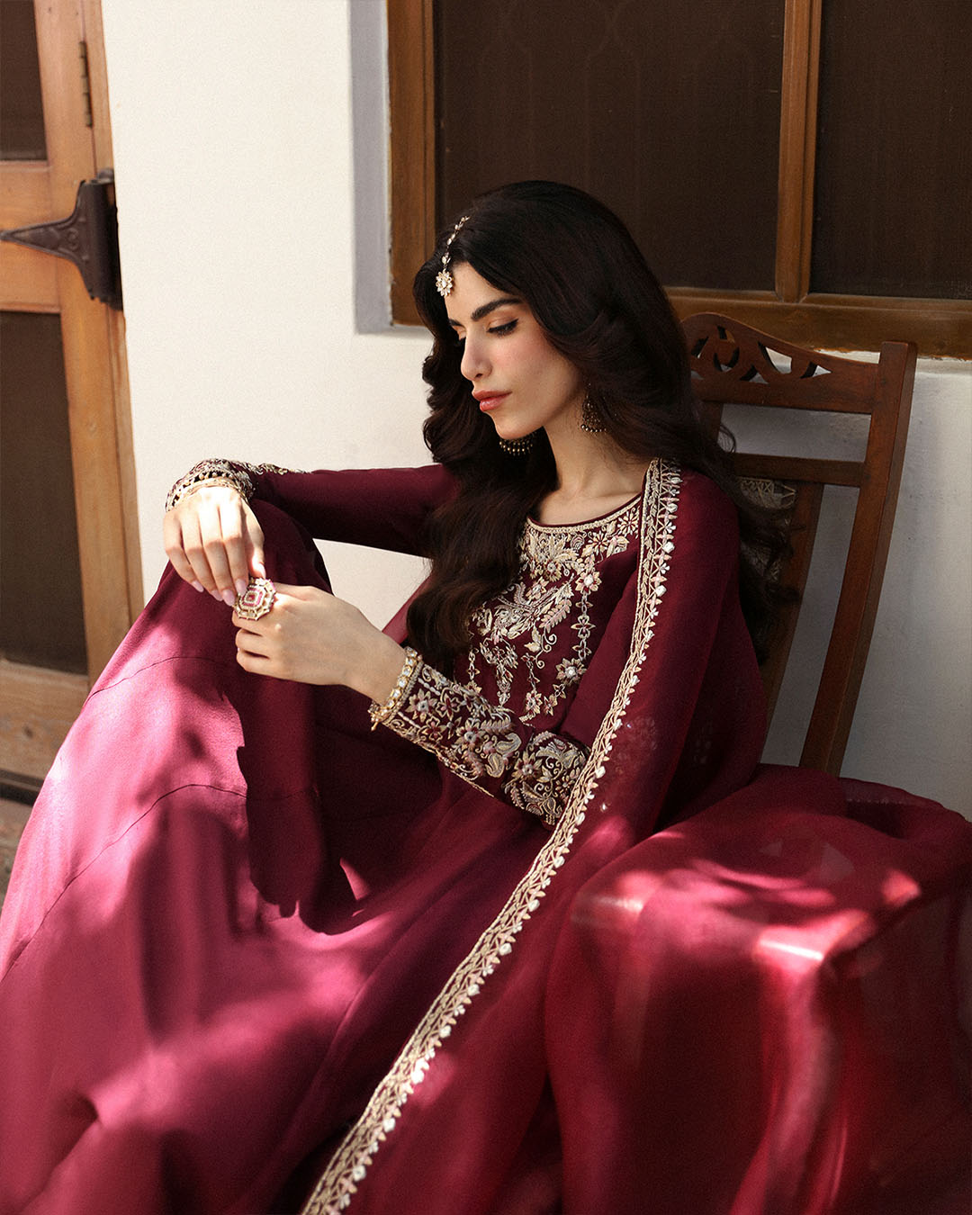 Model Wearing Faiza Saqlain Norine Maroon Shirt with Culottes for formal events wear - Pakistani Designer Wear for Women in UK | Kifat
