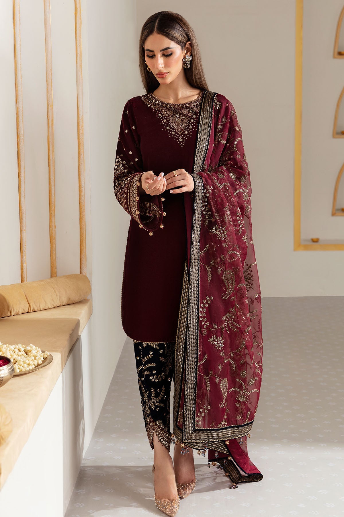 Women Wearing Embroidered Velvet Formal VF-2017 Maroon Short Shirt for Wedding Events - Pakistani Designer Wear for Women in UK | Kifat