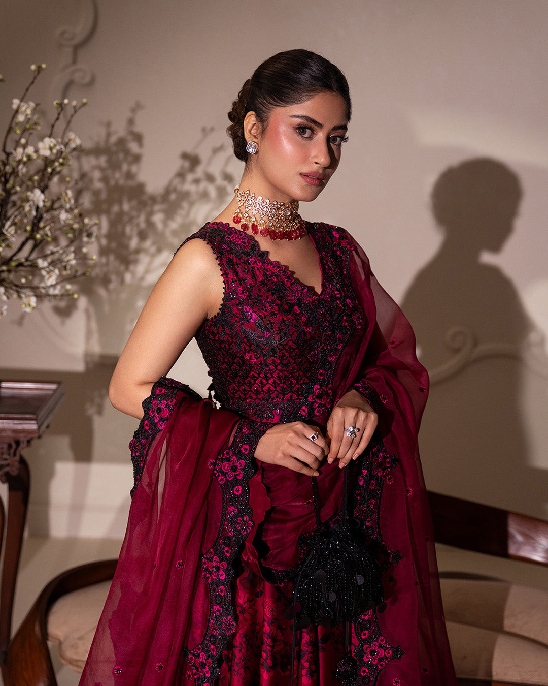 Model Wearing Faiza Saqlain Havin Dark Magenta Pink Shirt with Lehnga for wedding wear - Pakistani Designer Wear for Women in UK | Kifat