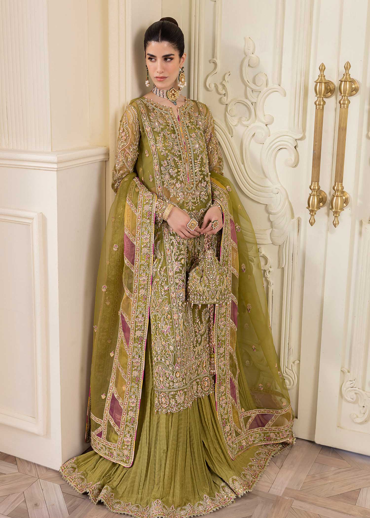 Kanwal Malik Olive Green Shirt with Crushed Pants for Luxury Wedding wear - Pakistani Designer Wear for Women in UK | Kifat