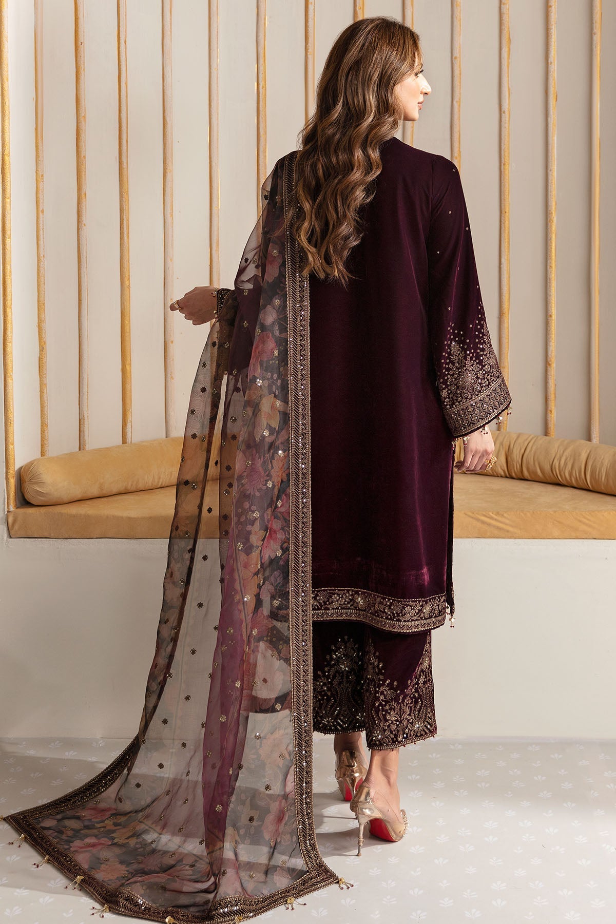 Women Wearing Embroidered Velvet Formal VF-2012 Maroon Long Shirt for Wedding Events - Pakistani Designer Wear for Women in UK | Kifat