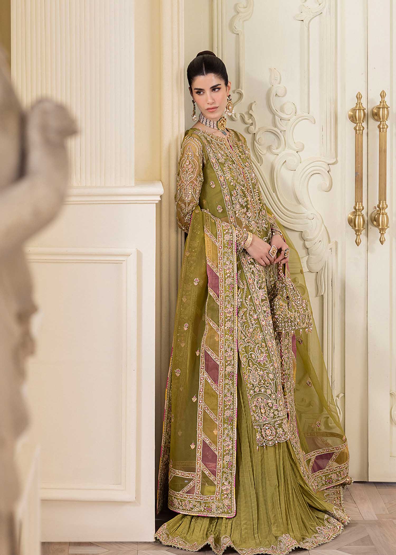 Kanwal Malik Olive Green Shirt with Crushed Pants for Luxury Wedding wear - Pakistani Designer Wear for Women in UK | Kifat