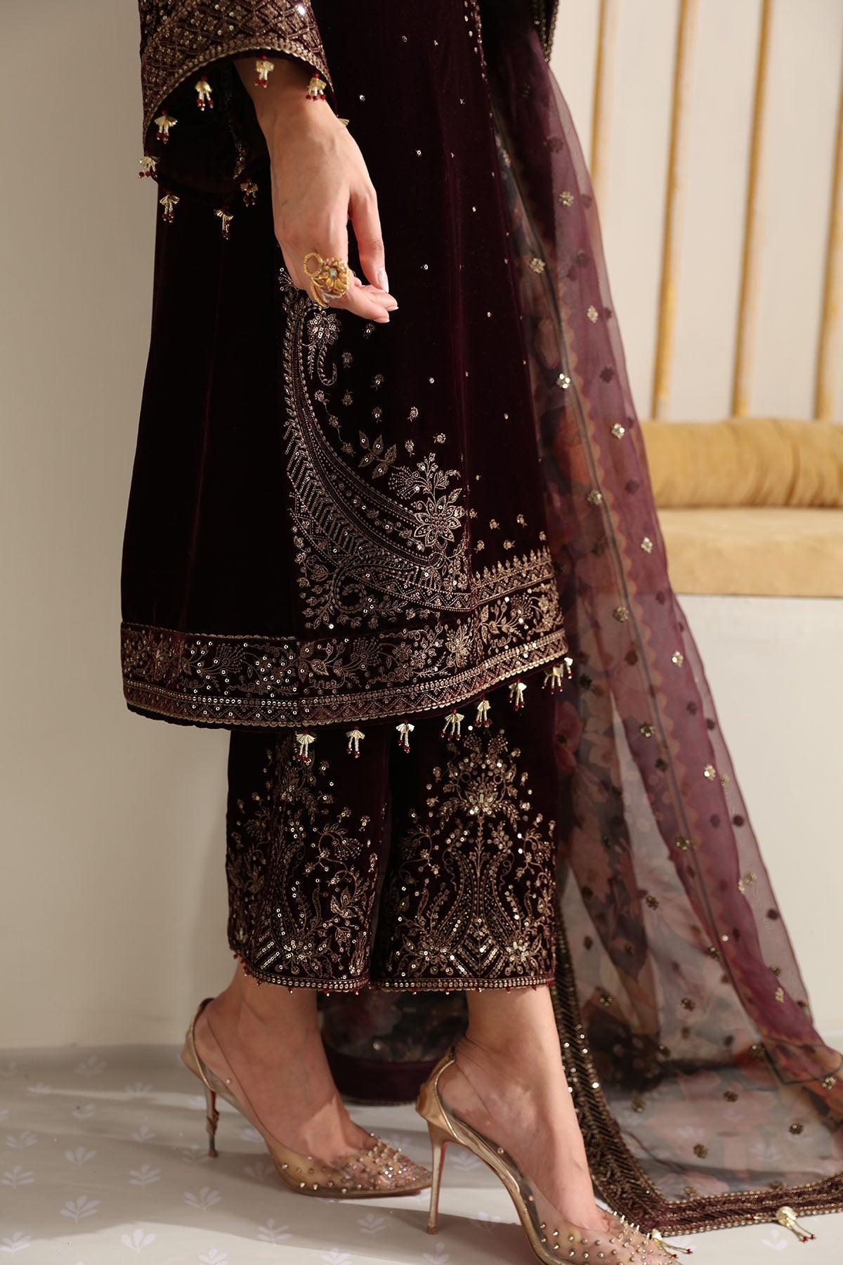 Women Wearing Embroidered Velvet Formal VF-2012 Maroon Long Shirt for Wedding Events - Pakistani Designer Wear for Women in UK | Kifat