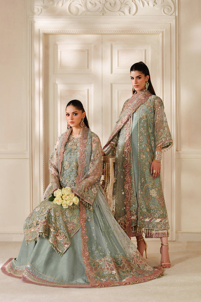 Baroque CH14-06 Mint Green Gown with Inner Shirt & Trouser,Mid - Calf Shirt with Sharara Pants for Formal Events - Pakistani Designer Wear for Women in UK | Kifat