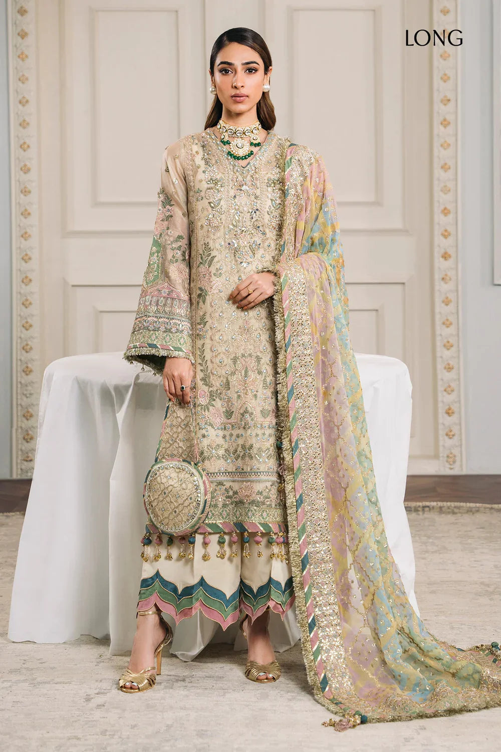 Baroque CH12-04 Ivory Long Shirt,Short Shirt with Gharara for Wedding Wear - Pakistani Designer Wear for Women in UK | Kifat