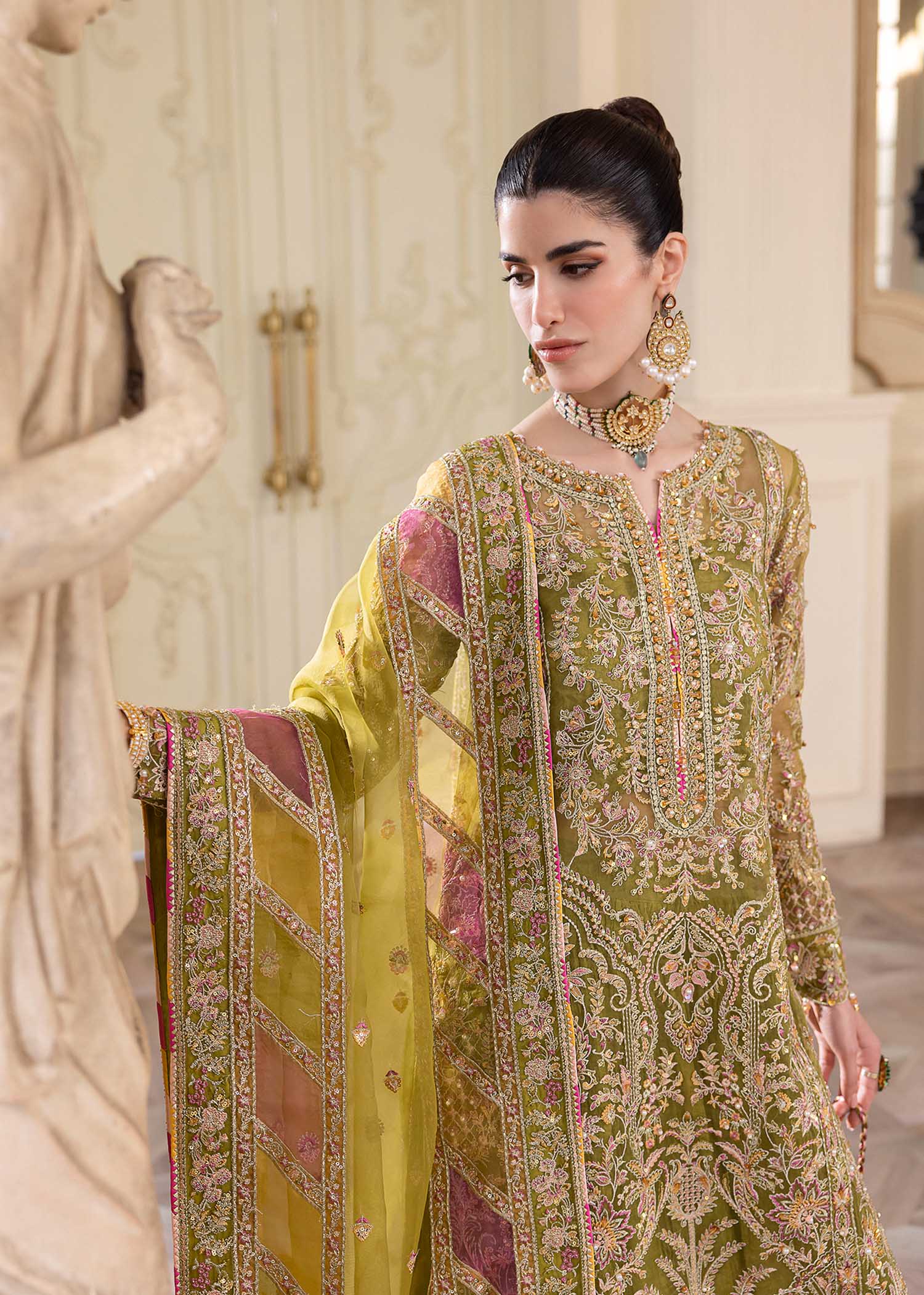 Kanwal Malik Olive Green Shirt with Crushed Pants for Luxury Wedding wear - Pakistani Designer Wear for Women in UK | Kifat