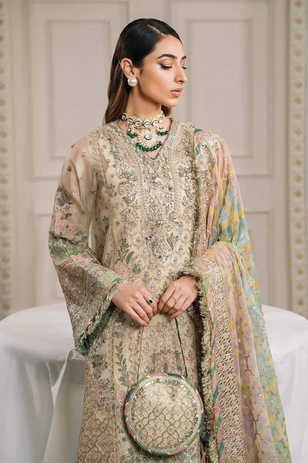 Baroque CH12-04 Ivory Long Shirt,Short Shirt with Gharara for Wedding Wear - Pakistani Designer Wear for Women in UK | Kifat
