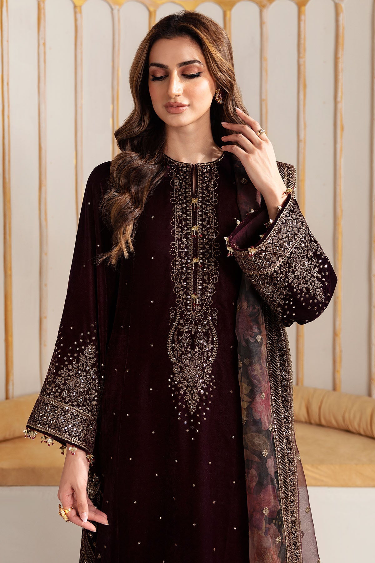 Women Wearing Embroidered Velvet Formal VF-2012 Maroon Long Shirt for Wedding Events - Pakistani Designer Wear for Women in UK | Kifat
