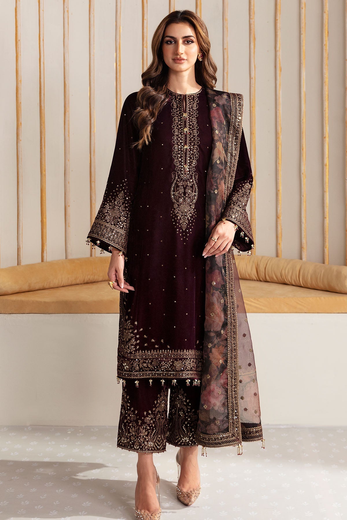 Women Wearing Embroidered Velvet Formal VF-2012 Maroon Long Shirt for Wedding Events - Pakistani Designer Wear for Women in UK | Kifat
