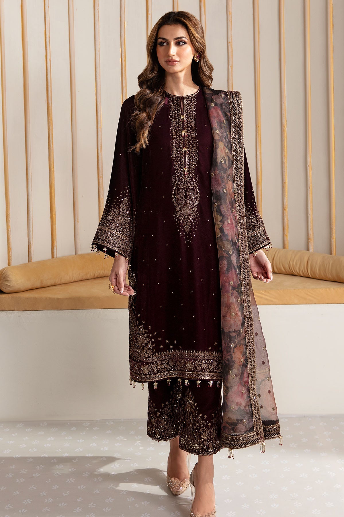 Women Wearing Embroidered Velvet Formal VF-2012 Maroon Long Shirt for Wedding Events - Pakistani Designer Wear for Women in UK | Kifat