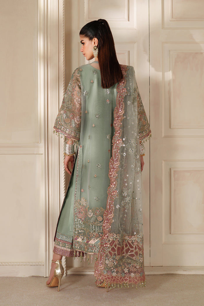 Baroque CH14-06 Mint Green Gown with Inner Shirt & Trouser,Mid - Calf Shirt with Sharara Pants for Formal Events - Pakistani Designer Wear for Women in UK | Kifat