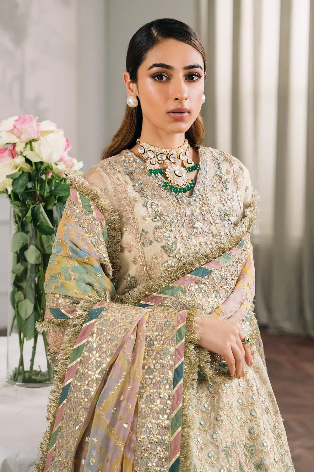 Baroque CH12-04 Ivory Long Shirt,Short Shirt with Gharara for Wedding Wear - Pakistani Designer Wear for Women in UK | Kifat