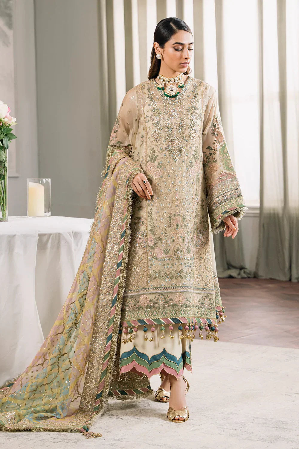 Baroque CH12-04 Ivory Long Shirt,Short Shirt with Gharara for Wedding Wear - Pakistani Designer Wear for Women in UK | Kifat