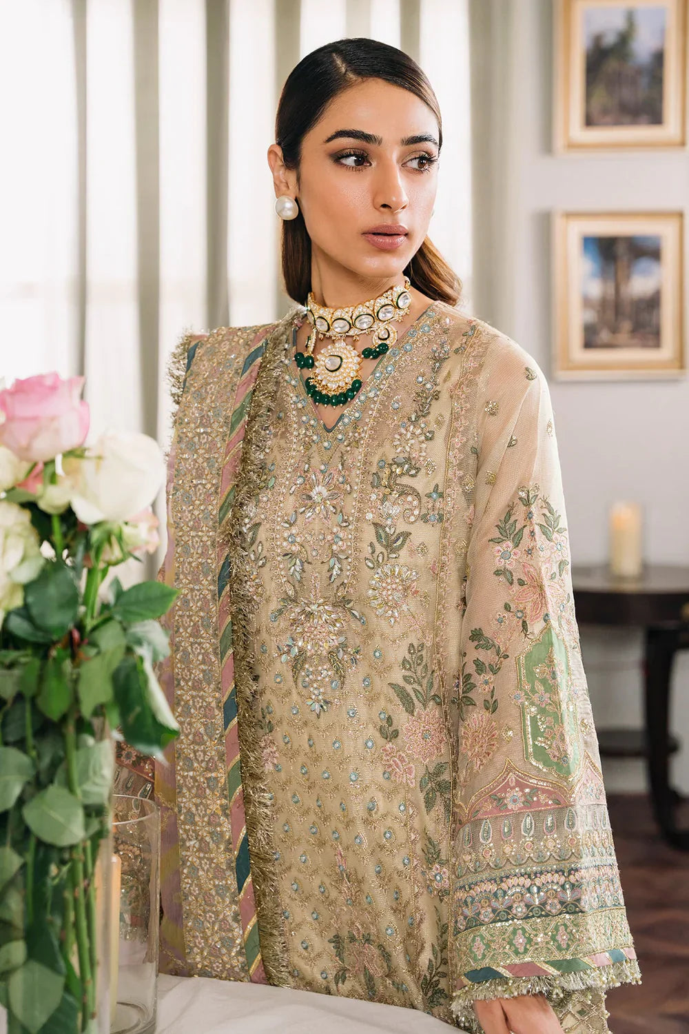 Baroque CH12-04 Ivory Long Shirt,Short Shirt with Gharara for Wedding Wear - Pakistani Designer Wear for Women in UK | Kifat