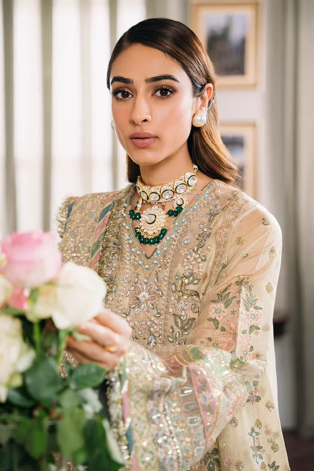 Baroque CH12-04 Ivory Long Shirt,Short Shirt with Gharara for Wedding Wear - Pakistani Designer Wear for Women in UK | Kifat