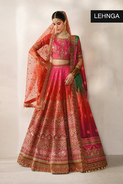 Baroque CH14-03 Hot Pink Lehenga Choli With Full Fitted Sleeves & Two Statement Dupattas,Peshwas With Basic Trouser & Two Statement Dupattas for Bridal Wear - Pakistani Designer Wear for Women in UK | Kifat