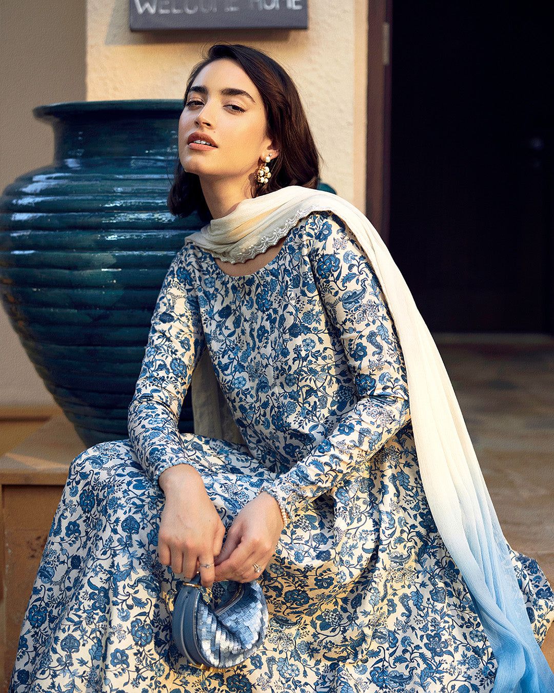 Model Wearing Faiza Saqlain Terylin Off-White & Blue Kalidaar with Culottes for Ladies wear - Pakistani Designer Wear for Women in UK | Kifat