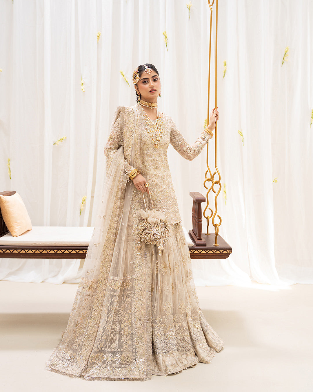 Model Wearing Faiza Saqlain Safak Ivory Shirt with Gharara for wedding wear - Pakistani Designer Wear for Women in UK | Kifat