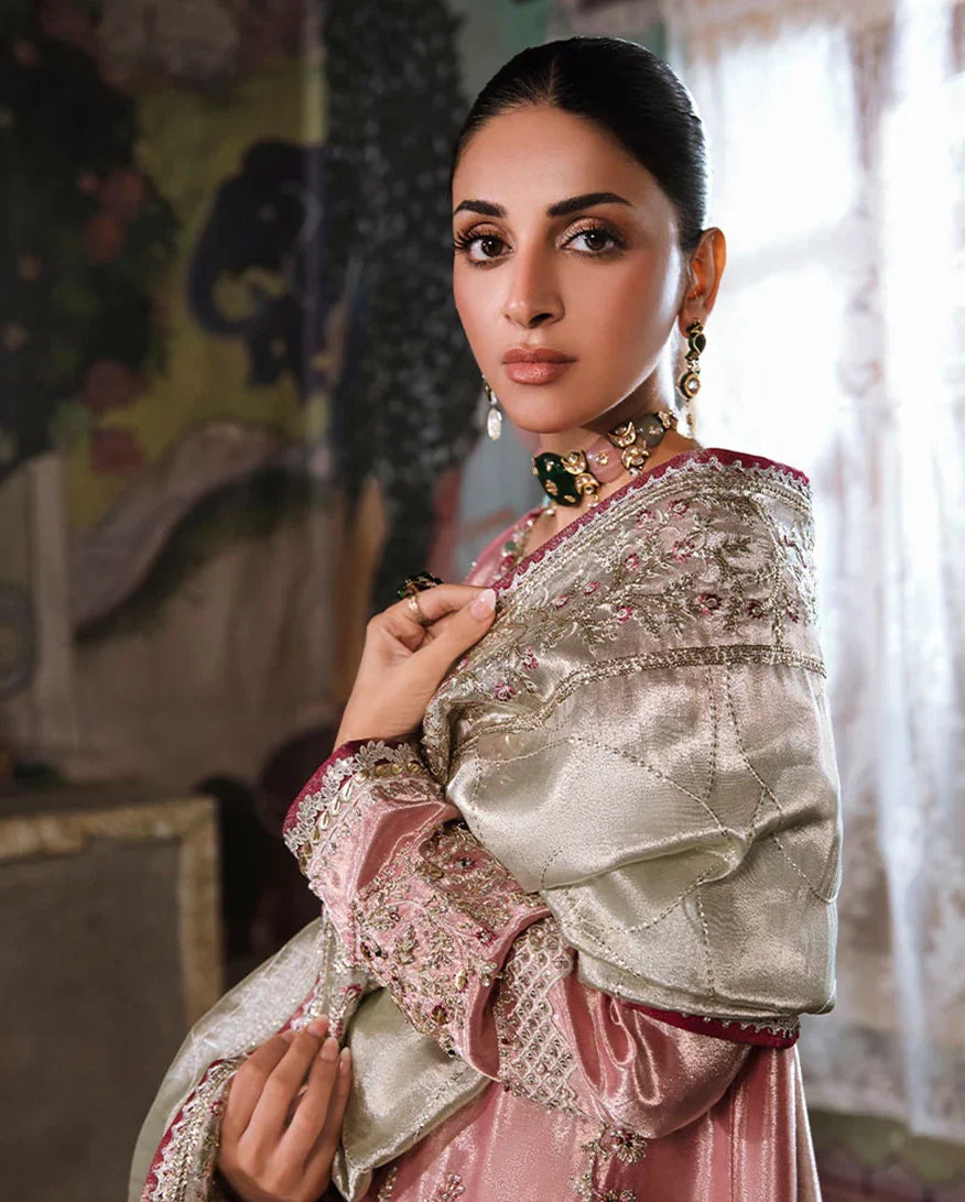 Women Wearing Lamia Pink Silver Long Shirt for Formal Events - Pakistani Designer Wear for Women in UK | Kifat
