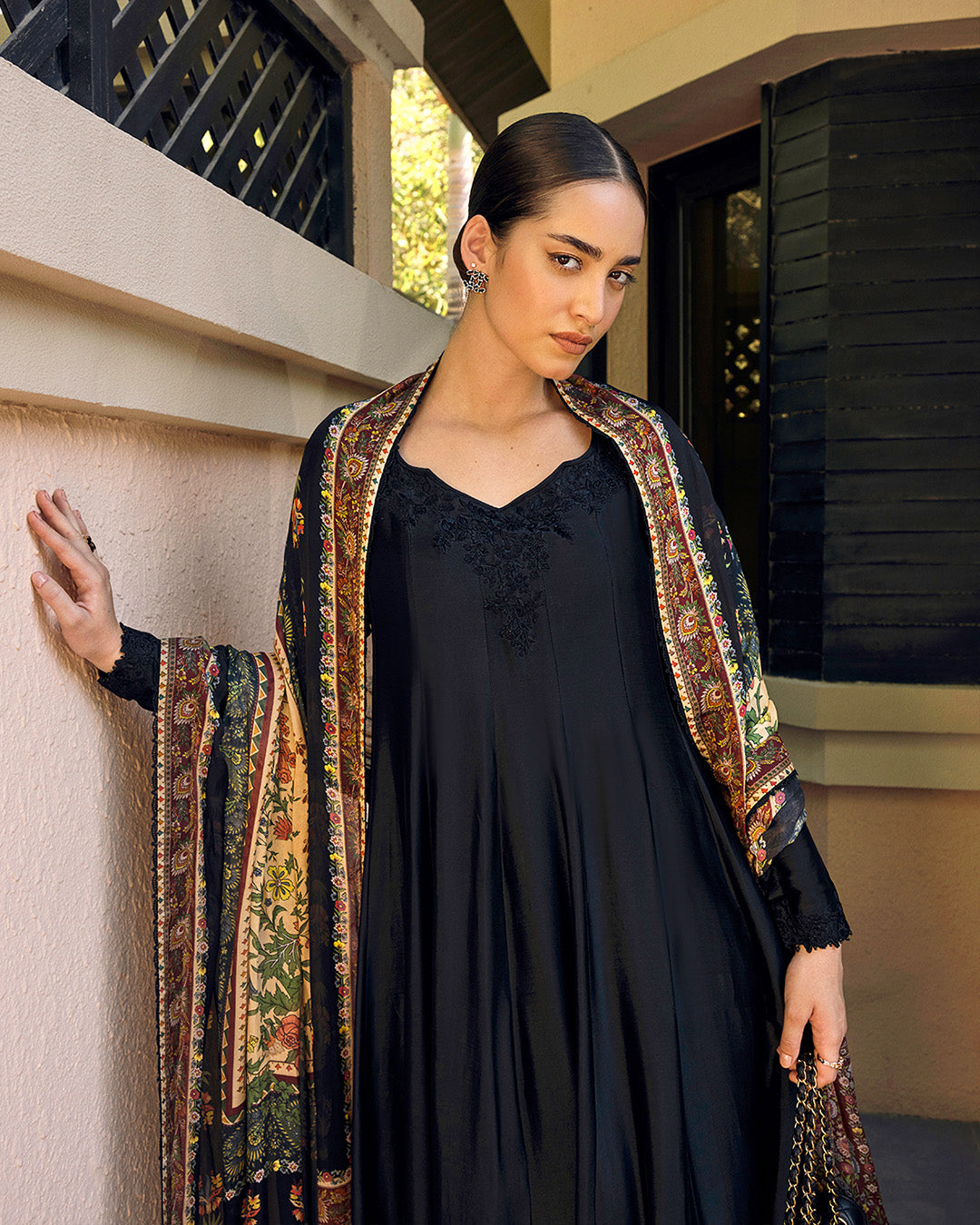 Model Wearing Faiza Saqlain Shelina Black Kalidaar with Culottes for Ladies wear - Pakistani Designer Wear for Women in UK | Kifat