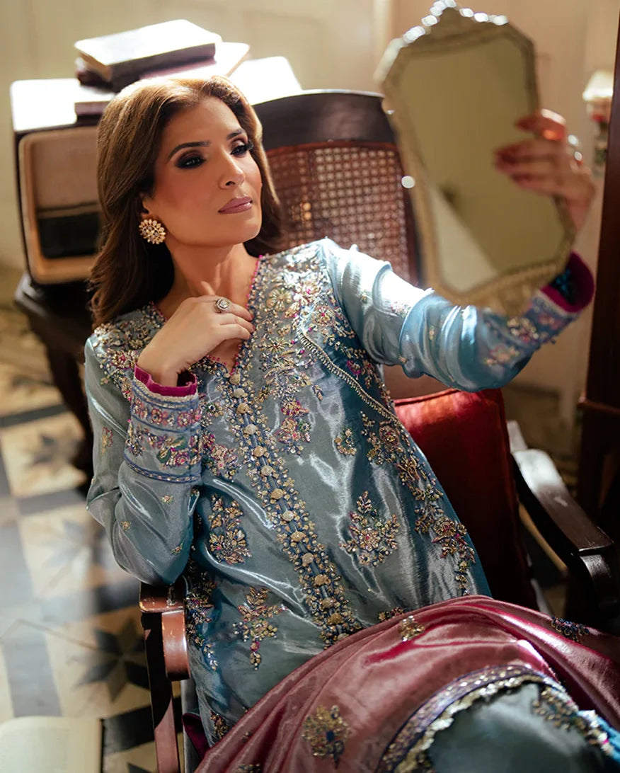 Women Wearing Neelam Blue Long Shirt for Formal Events - Pakistani Designer Wear for Women in UK | Kifat