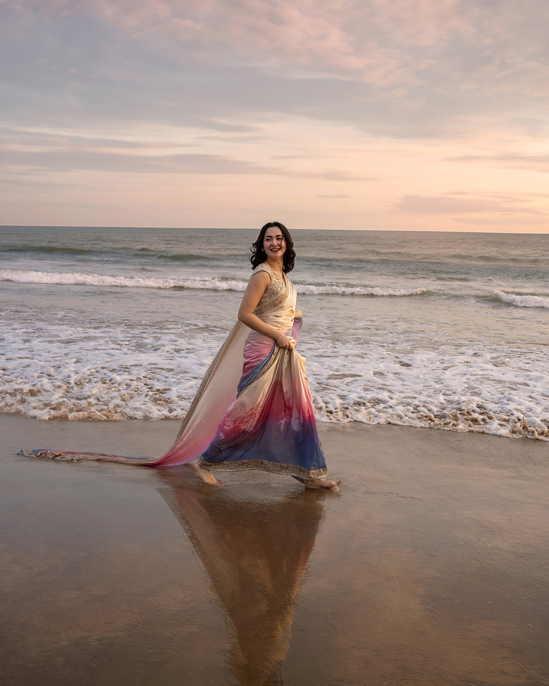 Model Wearing Faiza Saqlain Lena Cream and Ombre Saree for Ladies wear - Pakistani Designer Wear for Women in UK | Kifat