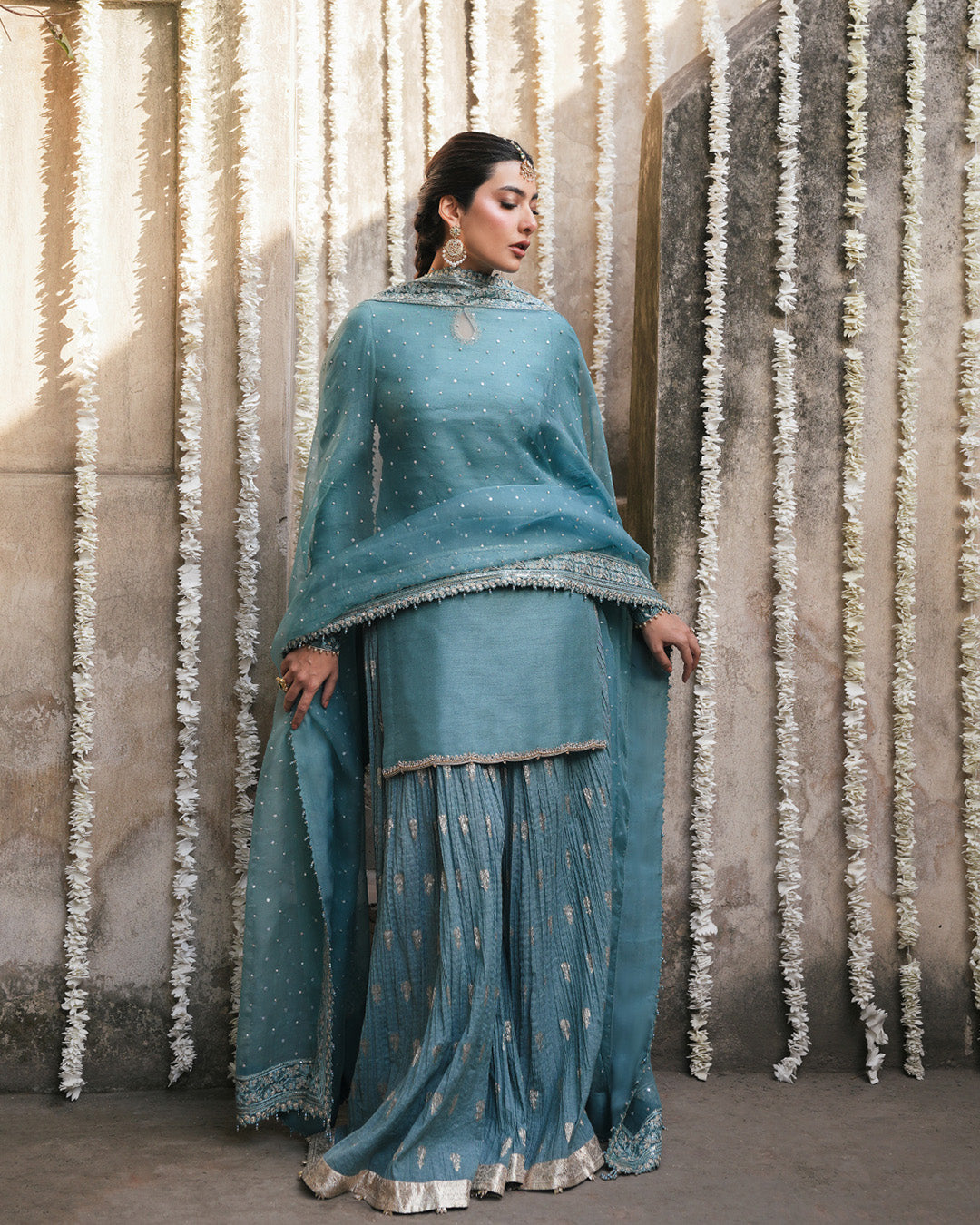 Model Wearing Faiza Saqlain Tisha Cadet Blue Shirt with Sharara for wedding wear - Pakistani Designer Wear for Women in UK | Kifat