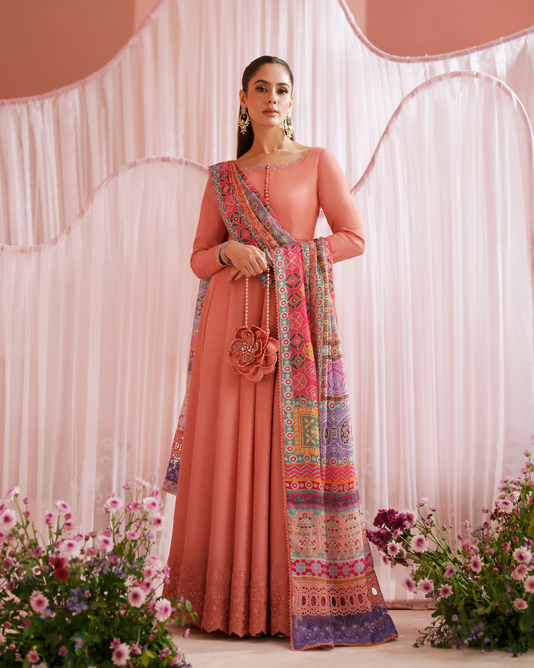 Women Wearing Muzn Coral Pishwas for Luxury Events - Pakistani Designer Wear for Women in UK | Kifat