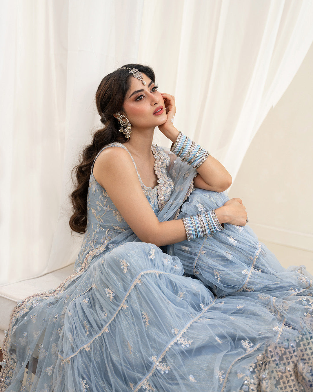 Model Wearing Faiza Saqlain Oya Ice Blue Shirt with Gharara for wedding wear - Pakistani Designer Wear for Women in UK | Kifat