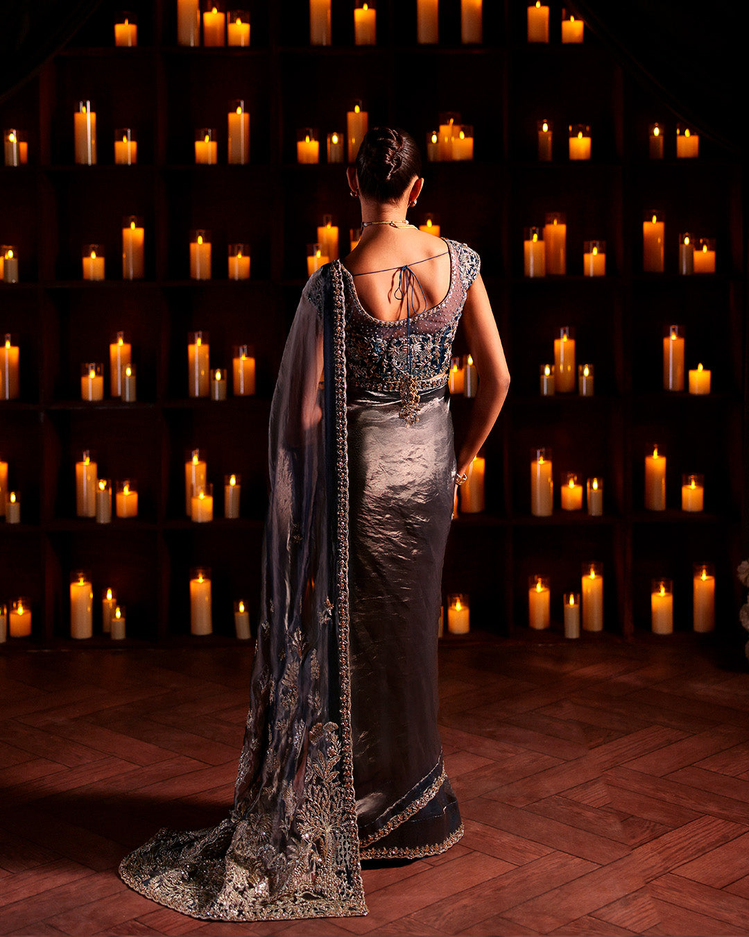 Model Wearing Faiza Saqlain Lenita steel blue hue Saree for wedding wear - Pakistani Designer Wear for Women in UK | Kifat