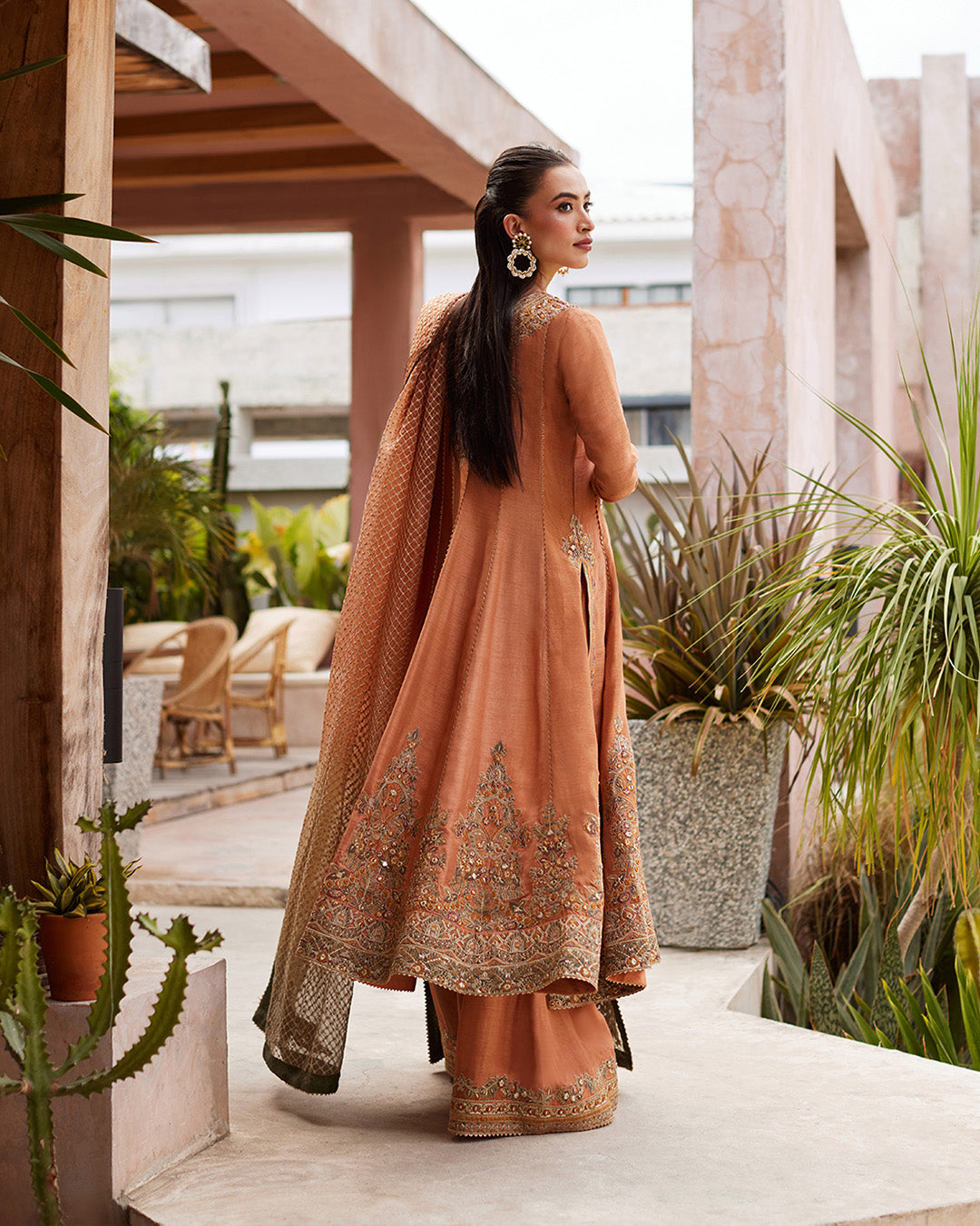 Model Wearing Faiza Saqlain Dalisay Rust Shirt with Gharara for wedding wear - Pakistani Designer Wear for Women in UK | Kifat