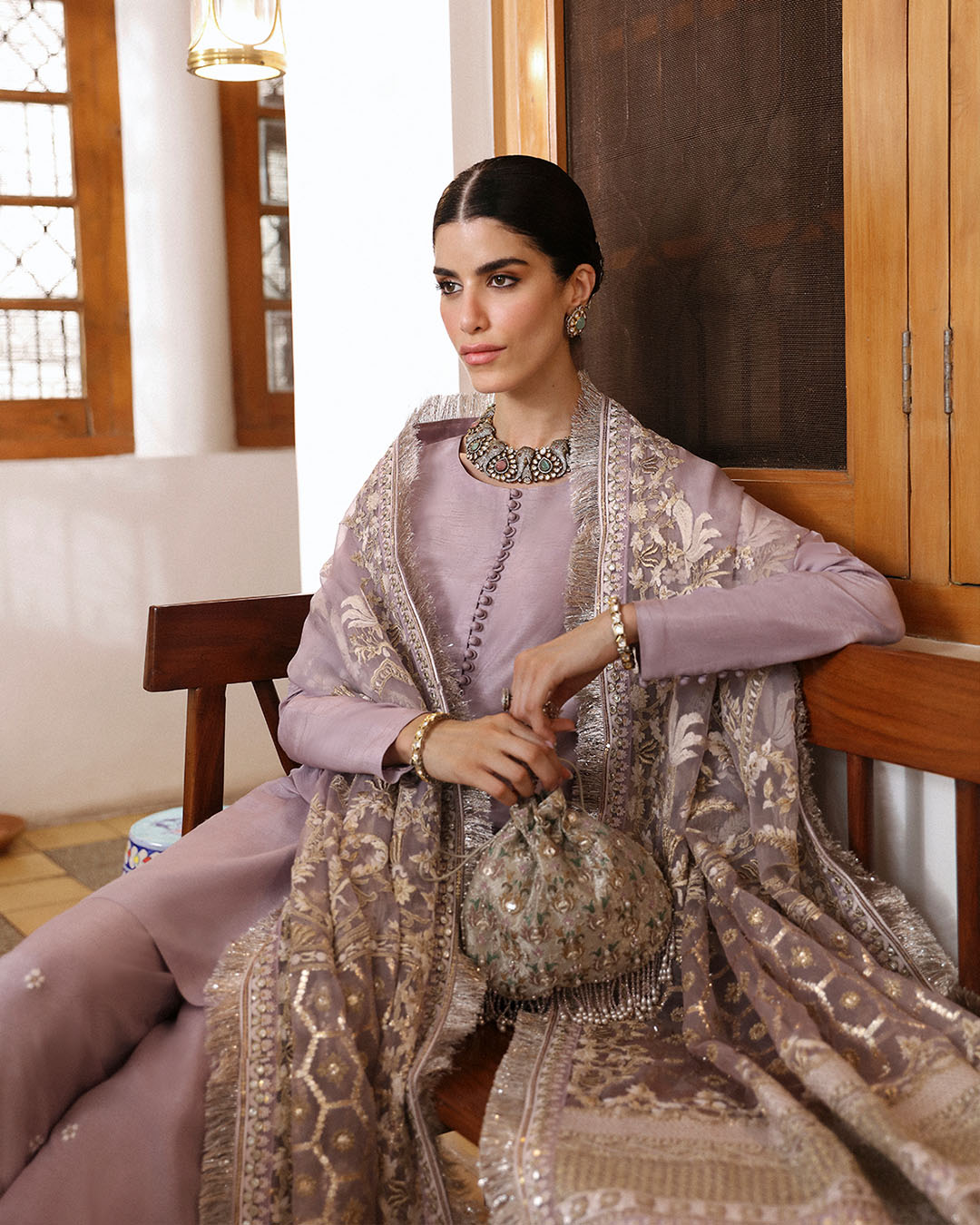 Model Wearing Faiza Saqlain Aurene Lilac Shirt with Flated Pants for formal events wear - Pakistani Designer Wear for Women in UK | Kifat