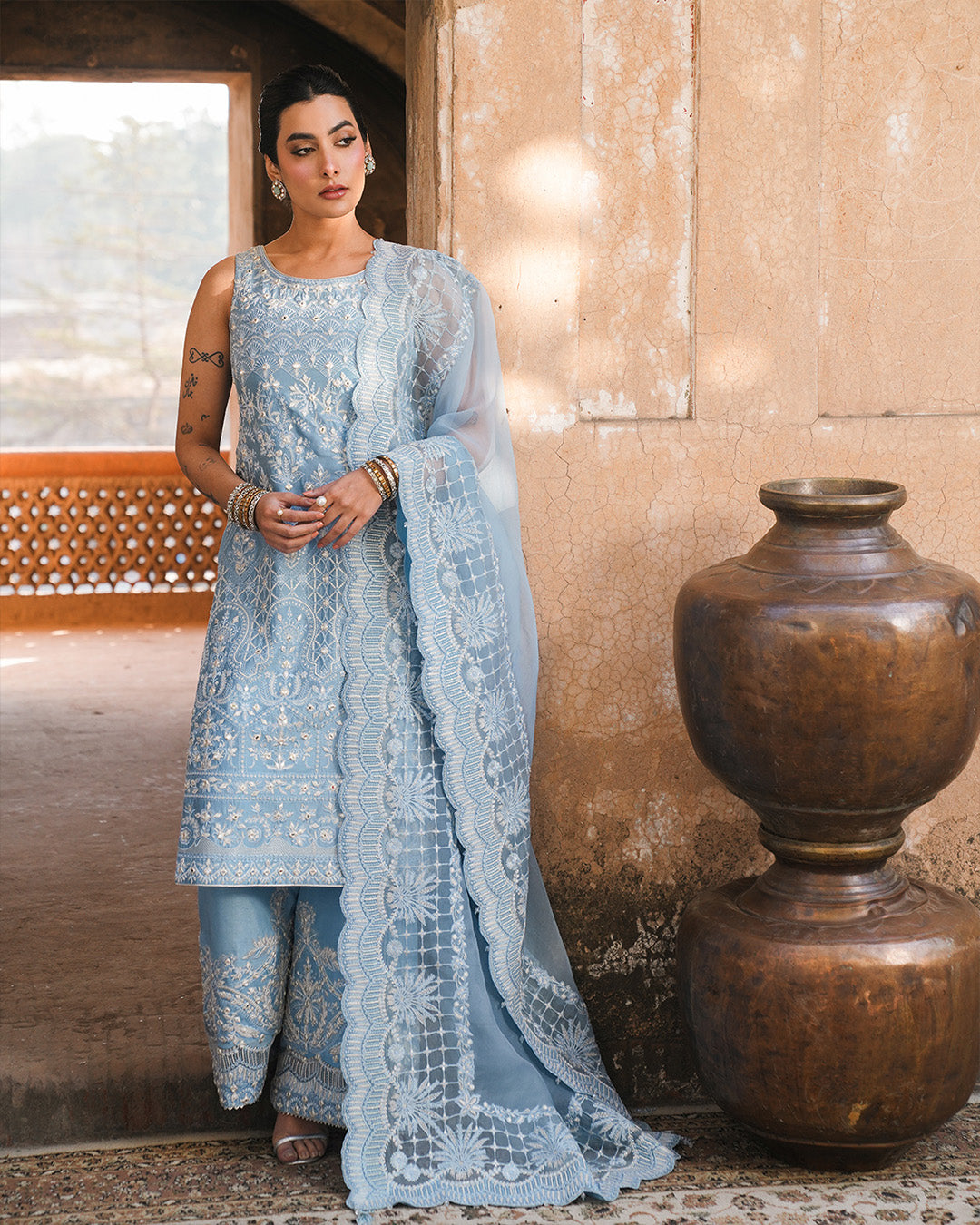 Model Wearing Faiza Saqlain Yulia Ice Blue Shirt with Culottes for formal events wear - Pakistani Designer Wear for Women in UK | Kifat