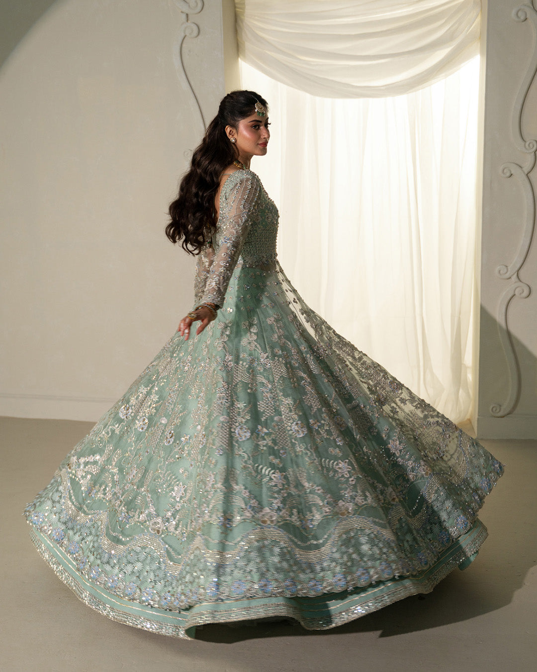 Model Wearing Faiza Saqlain Selin Mint Green Shirt with Lehnga for wedding wear - Pakistani Designer Wear for Women in UK | Kifat