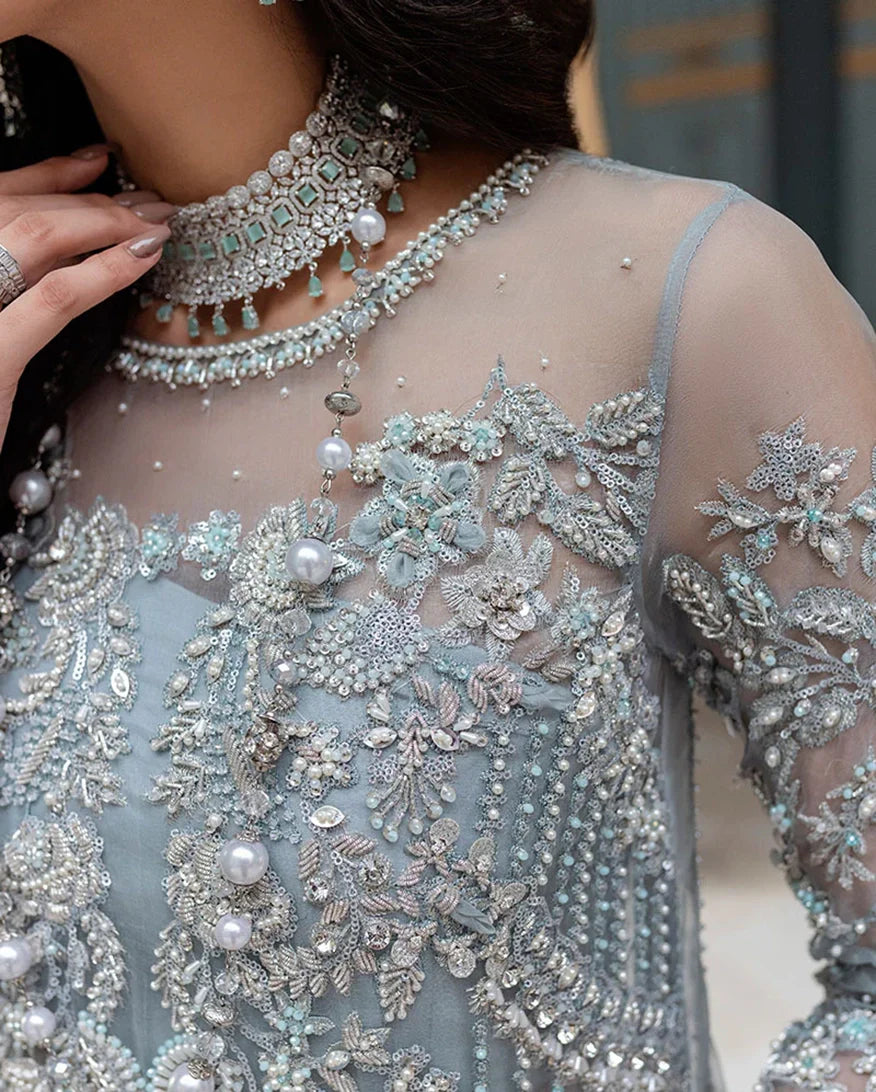 Women Wearing Adela (3 Piece) Ice Blue Long Shirt for Formal Events - Pakistani Designer Wear for Women in UK | Kifat