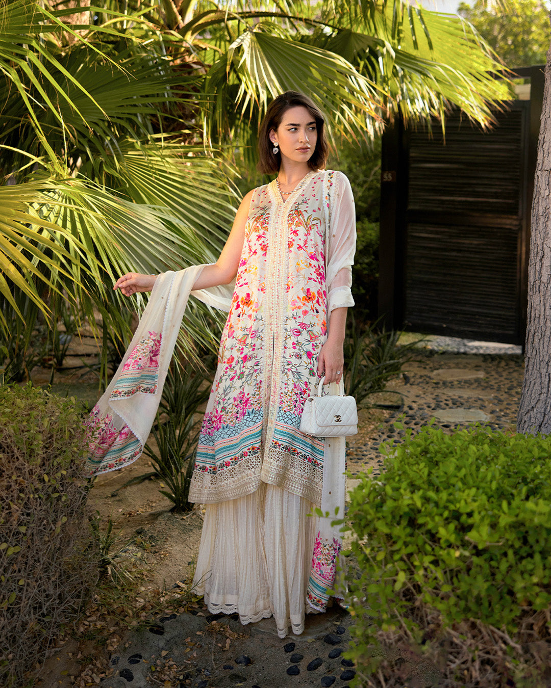 Model Wearing Faiza Saqlain Beldene Off-White Shirt with Sharara for Ladies wear - Pakistani Designer Wear for Women in UK | Kifat