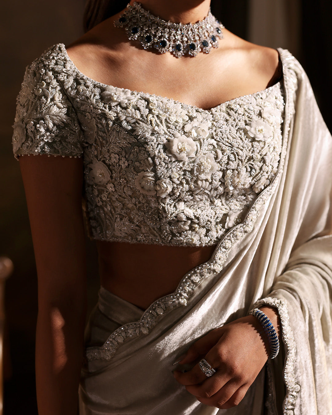 Model Wearing Faiza Saqlain Zahavah Soft Oyster Saree for wedding wear - Pakistani Designer Wear for Women in UK | Kifat