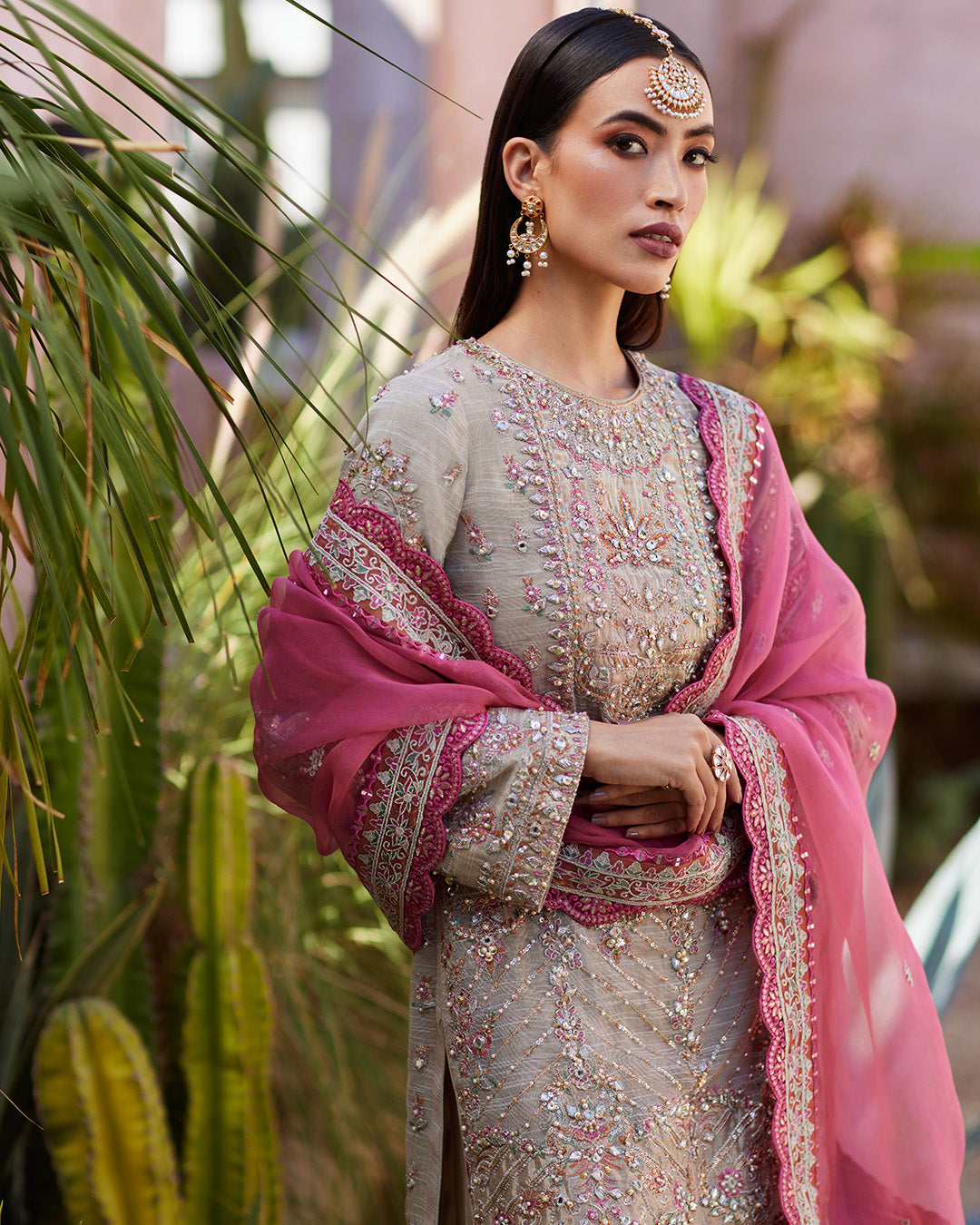 Model Wearing Faiza Saqlain Rosaline Pink & Grey Shirt with Flared Pants for wedding wear - Pakistani Designer Wear for Women in UK | Kifat