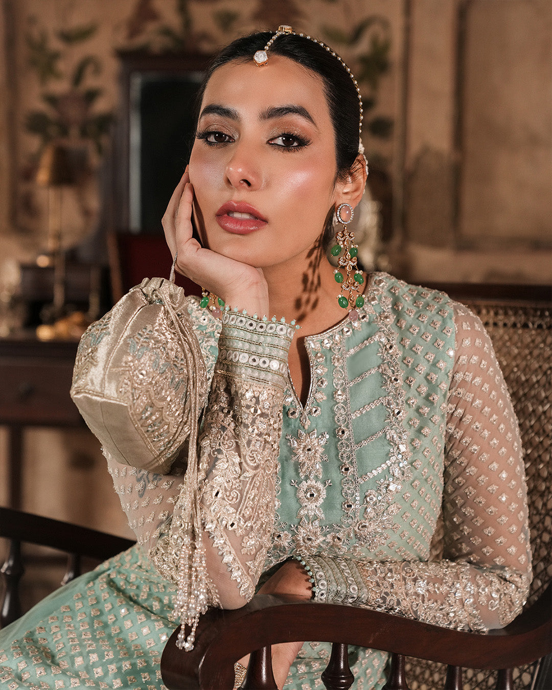 Model Wearing Faiza Saqlain Valari Pastel Blue Shirt with Sharara for wedding wear - Pakistani Designer Wear for Women in UK | Kifat